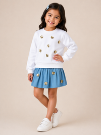 White Sequined Sweatshirt with Blue Flared Skirt