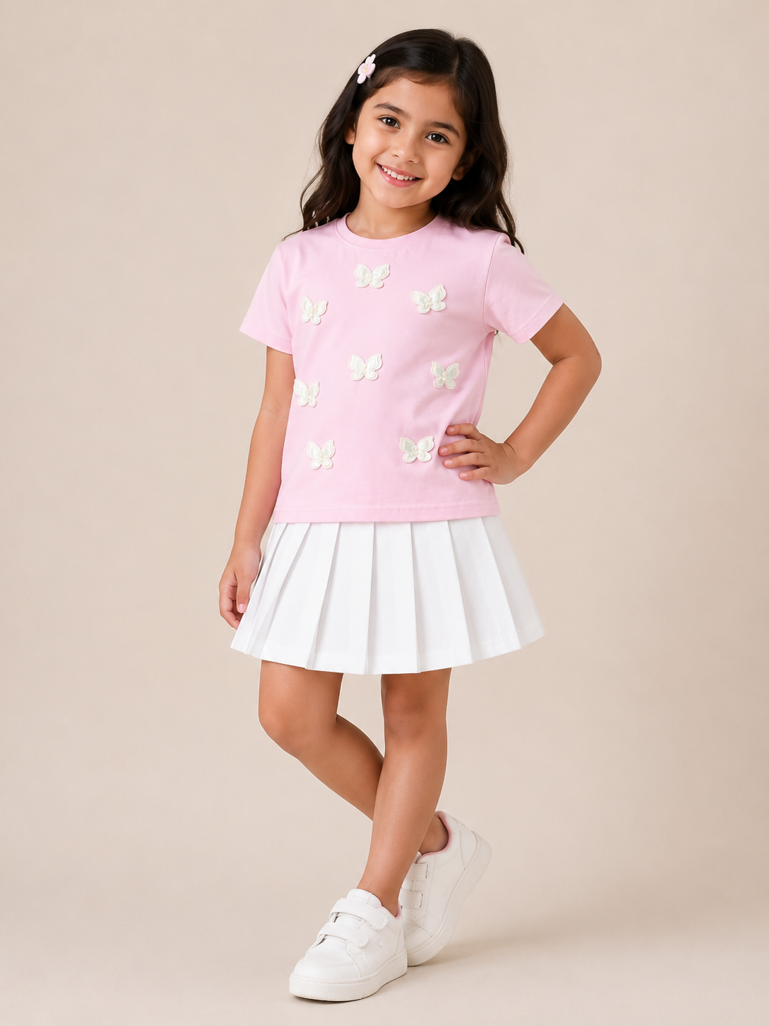 Pink Butterfly Patch Cotton T-shirt with White Flared Cotton Skirt