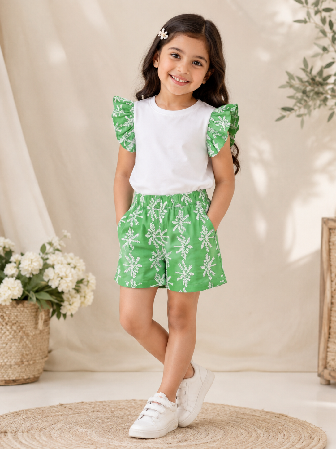 White & Green Frill Short Sleeve Flower Embroidered Top & Short Co-ord Set