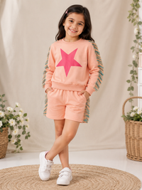 Peach Full Sleeve Fringes Star Print T-Shirt & Shorts