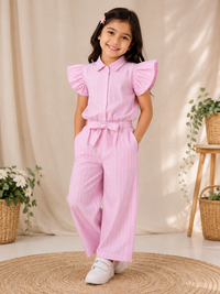 Girls Pink Frill Sleeve Striped Knot Top and Matching Pants Co-ord Set