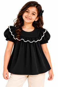 ZIP ZAP ZOOP Girls Black Scuba Top with Puff Sleeves & Contrast Ruffle Detail