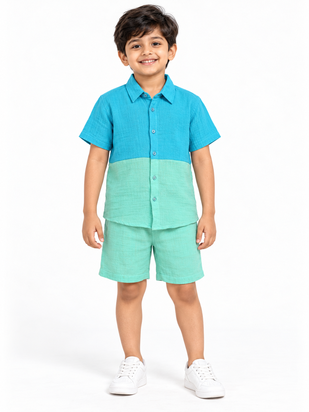 Blue & Green Half Sleeve Color Block Pure Cotton Shirt & Short Co-ord Set