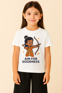 Kids Dusherra Tshirt Aim For Goodness With Lord Ram Print -White