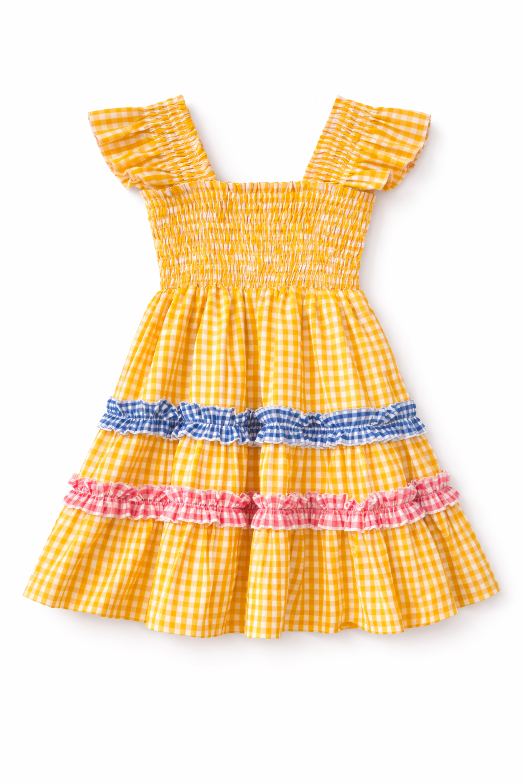 YELLOW SMOCK DRESS WITH BLUE & PINK RUFFLE DRESS