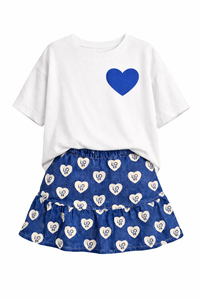 WHITE T-SHIRT WITH HEART PRINT PAIRED WITH DENIM HEART SKIRT CO-ORD SET