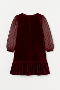Girls Marroon Velvet Dress With Polka Dot Organza Dress