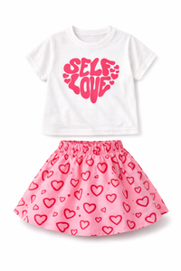 GIRLS SELF LOVE T-SHIRT WITH PINK HEART SKIRT CO-ORD SET