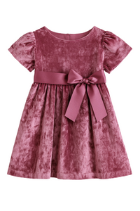 Girls Festive Pink Velvet Dress with Bow Detail