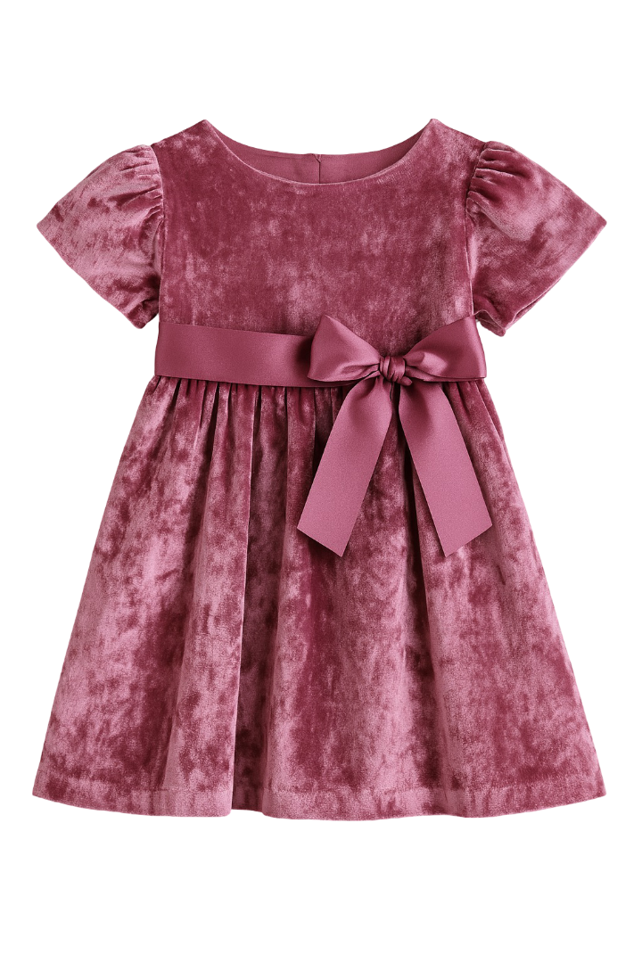 Girls Festive Pink Velvet Dress with Bow Detail