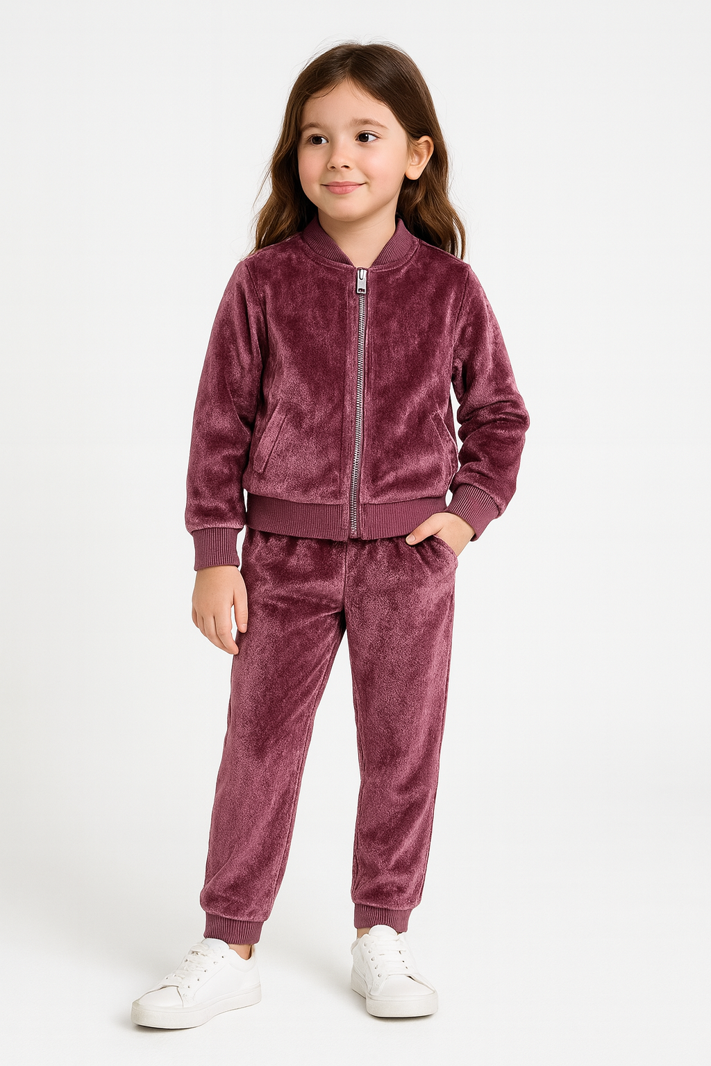 Girls Velvet Pink Jacket and Pant with Ribbed Borders
