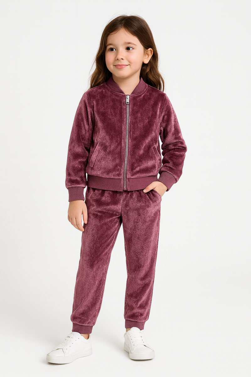 Girls Velvet Pink Jacket and Pant with Ribbed Borders