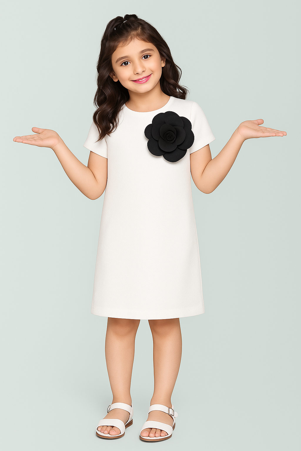 Girls Elegant Half Sleeves White Dress With Big Accent Flower