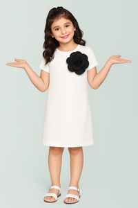 Girls Elegant Half Sleeves White Dress With Big Accent Flower