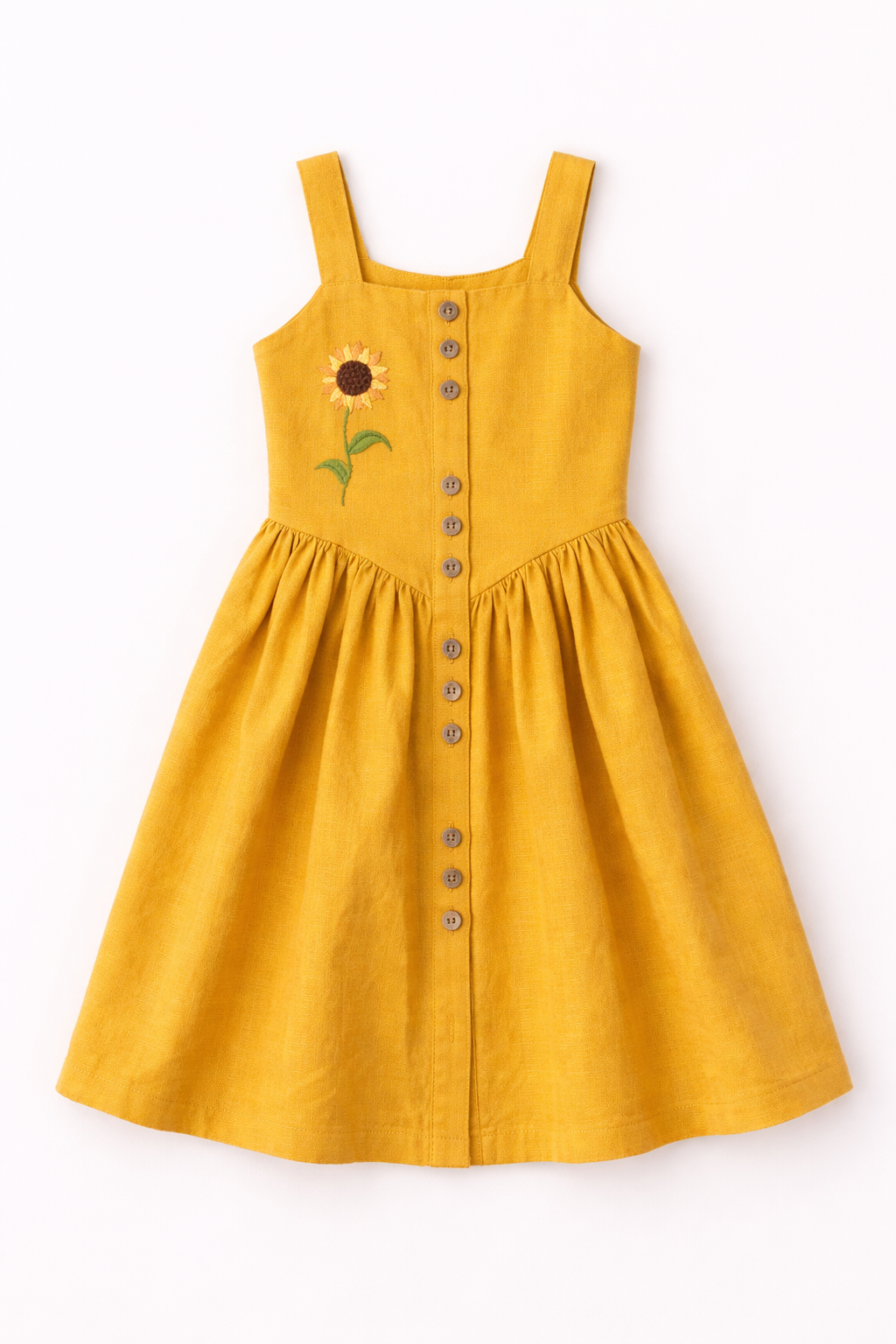 Sunshine Bloom Mustard Dress – Cute Embroidered Flower Dress for Girls