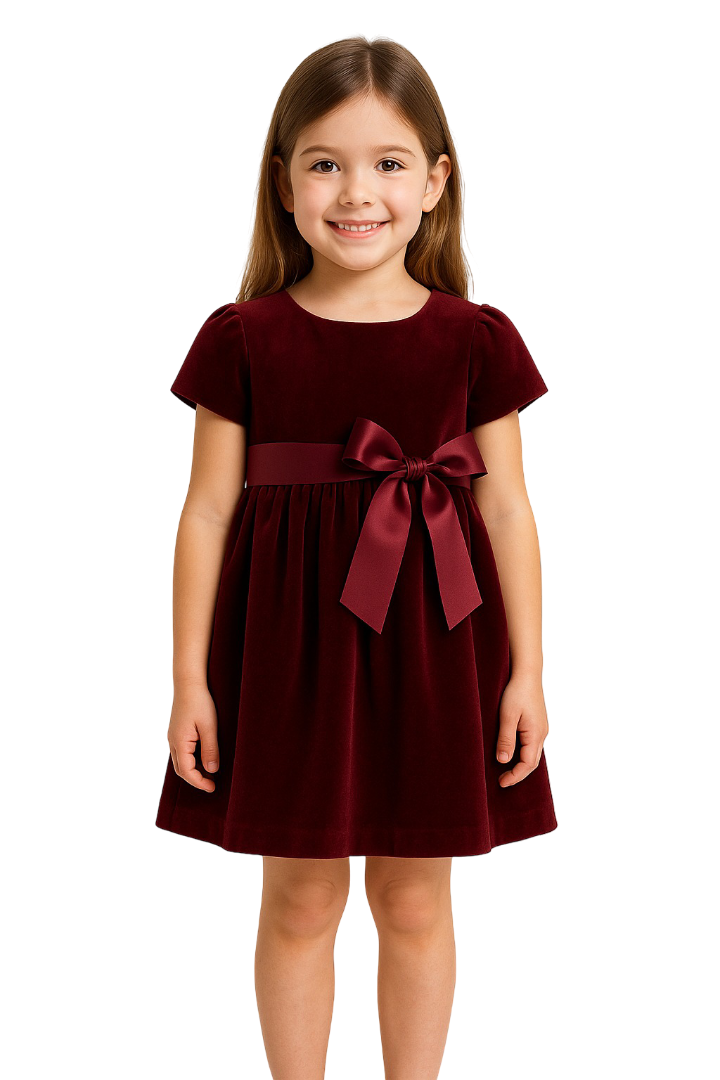 Girls Festive Maroon Velvet Dress with Bow Detail