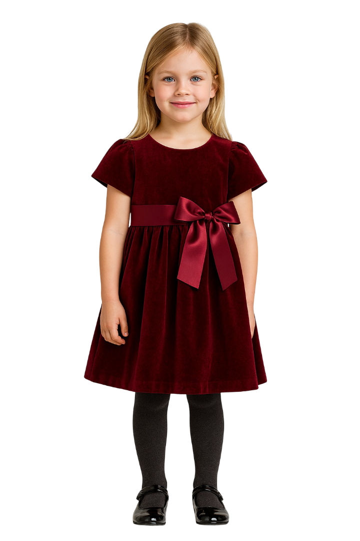 Girls Festive Maroon Velvet Dress with Bow Detail