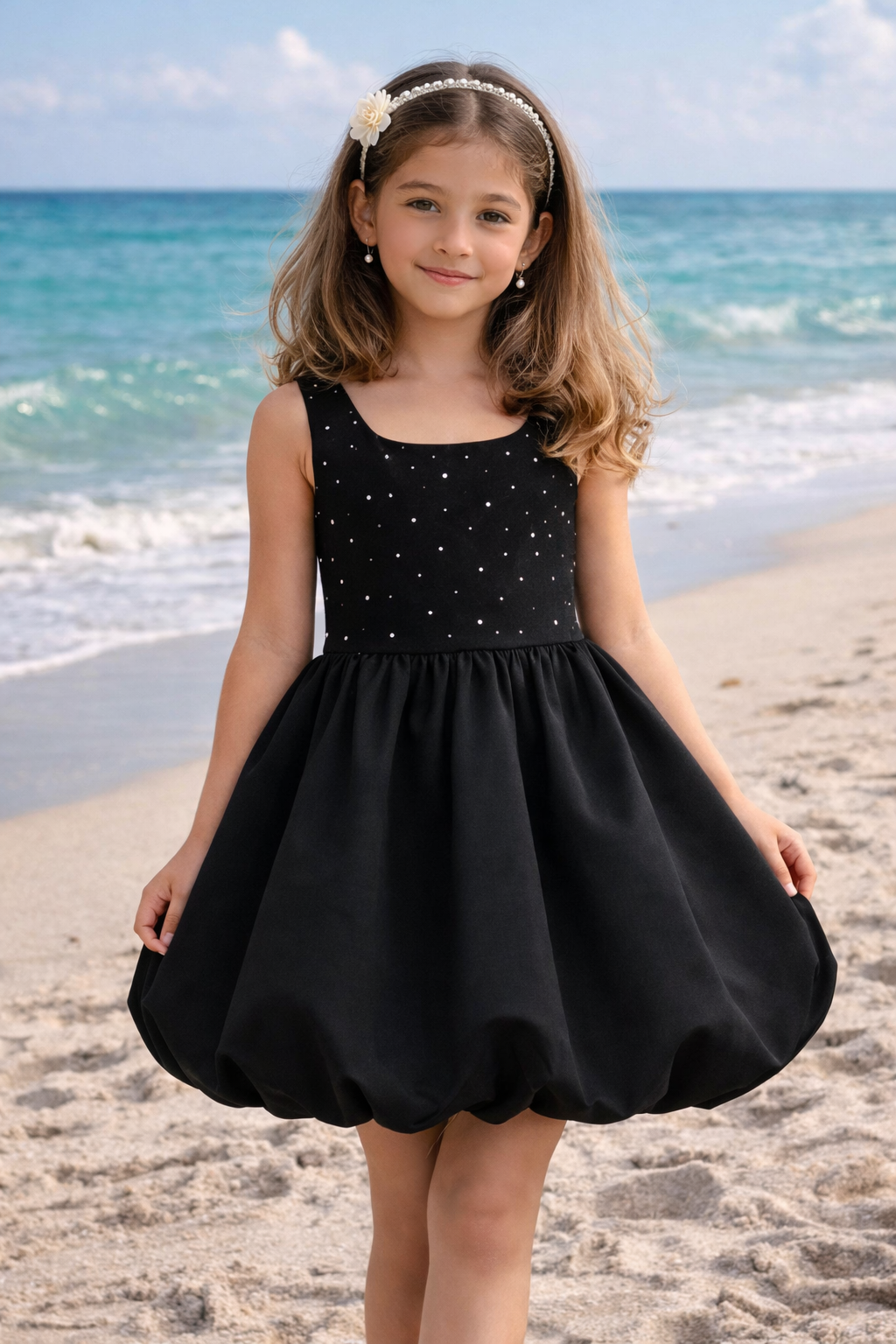Kids Black Sleeveless Party Dress with Pearl Detail