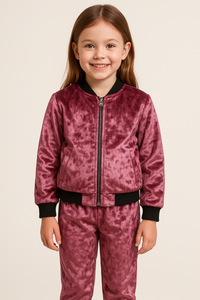 Girls Velvet Pink Jacket and Pant with Black Ribbed Borders
