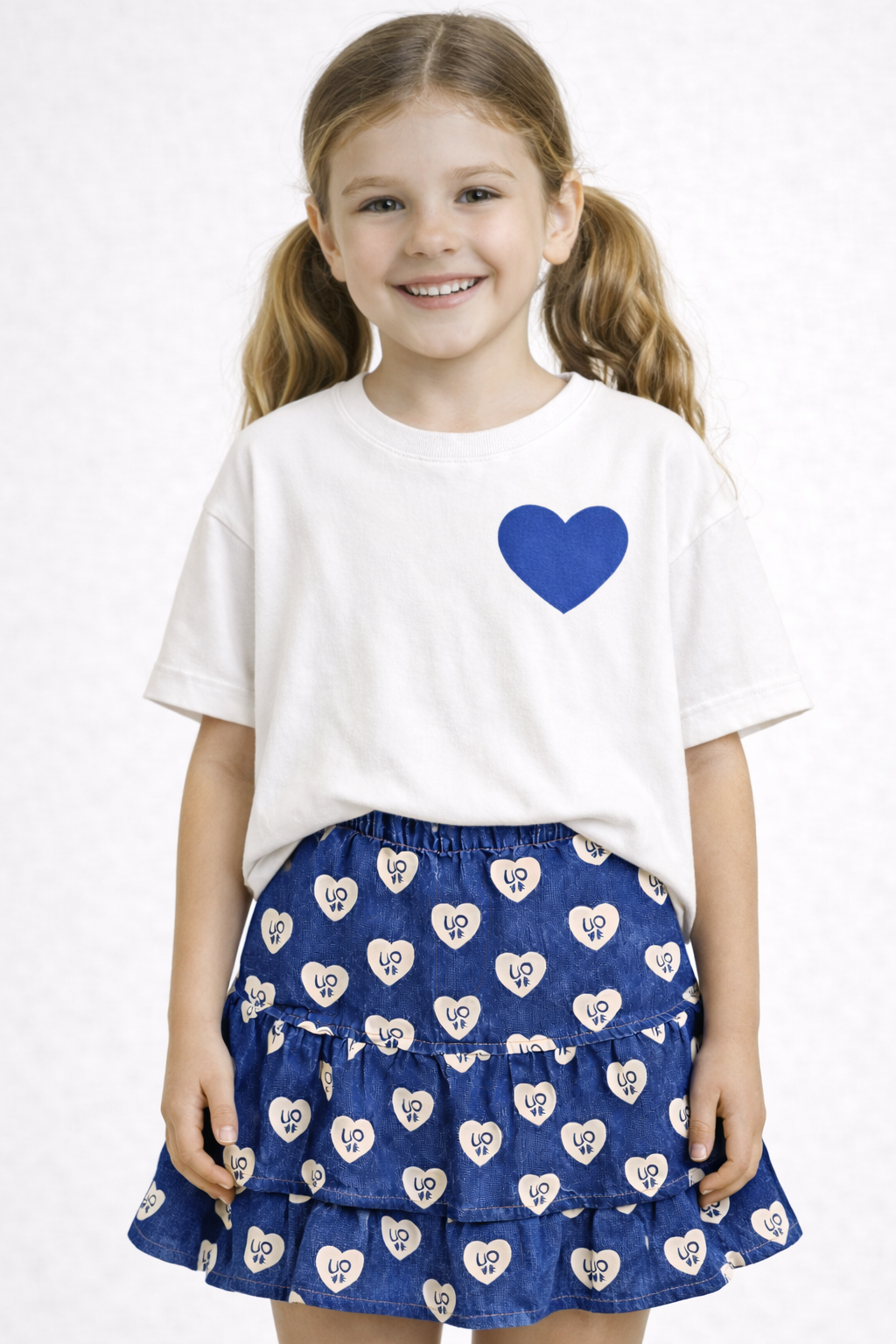 WHITE T-SHIRT WITH HEART PRINT PAIRED WITH DENIM HEART SKIRT CO-ORD SET