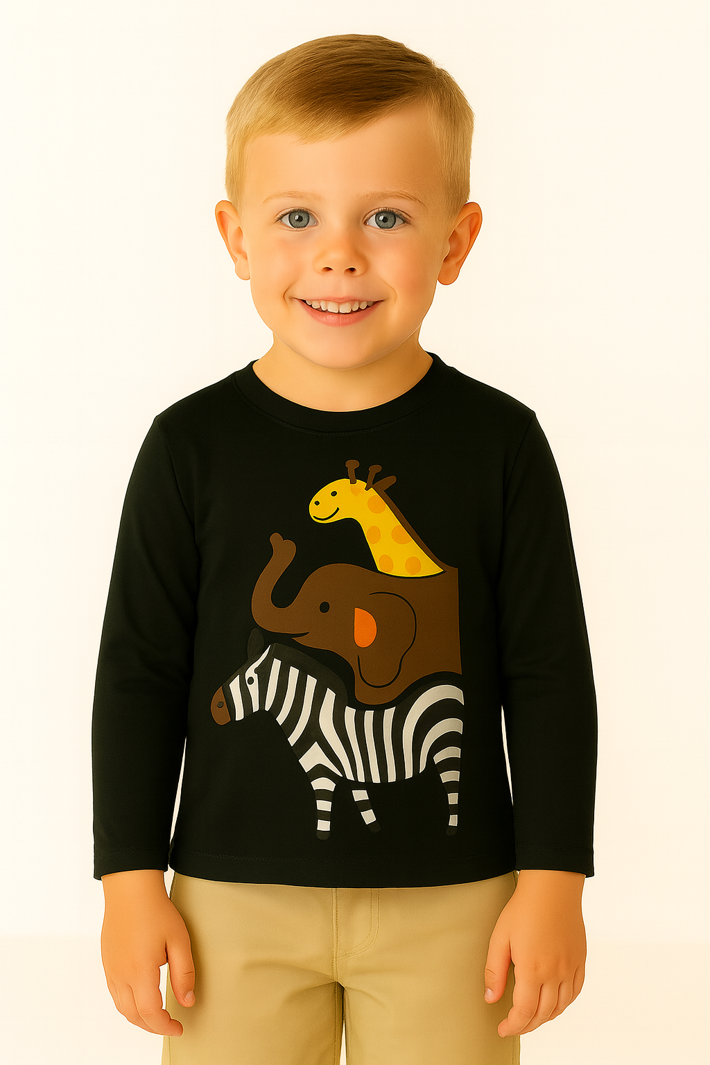 Boys Black Giraffe, Elephant, Zebra Black Full Sleeves T-Shirt