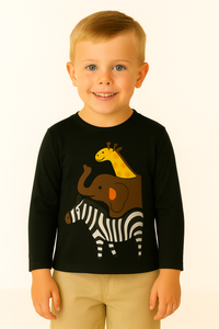 Boys Black Giraffe, Elephant, Zebra Black Full Sleeves T-Shirt
