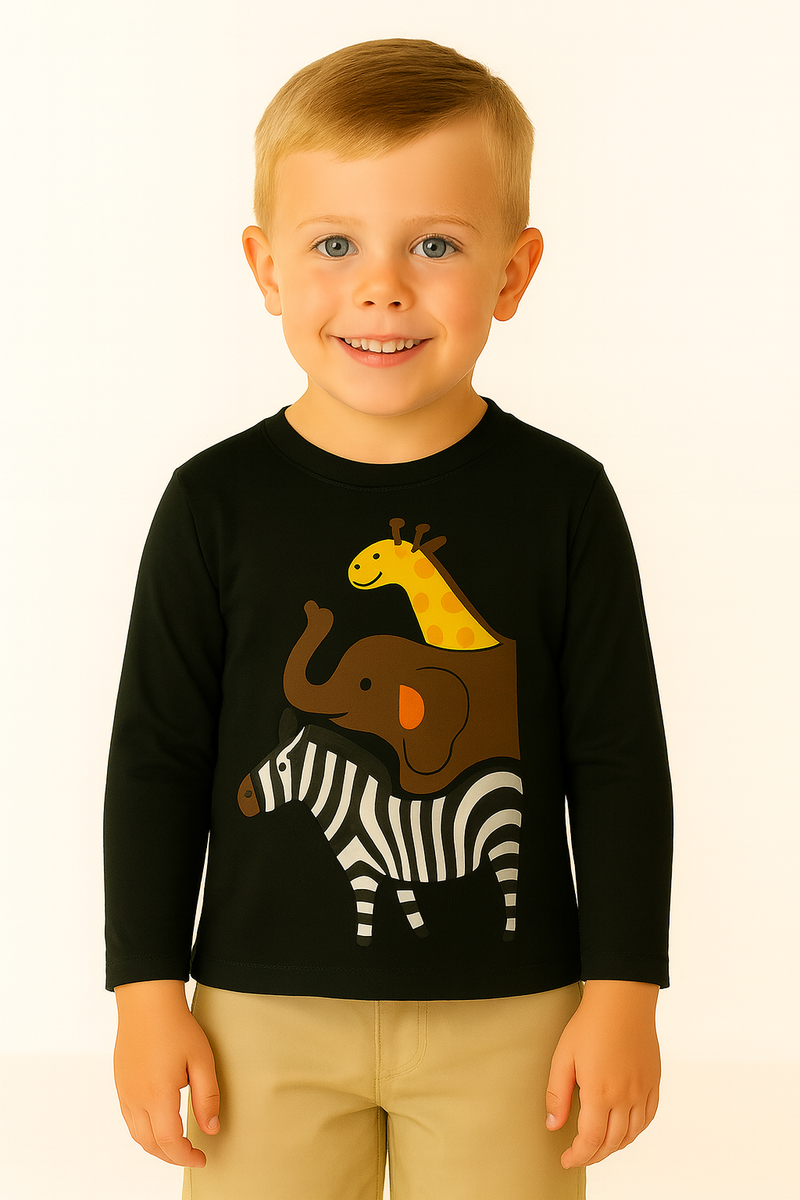 Boys Black Giraffe, Elephant, Zebra Black Full Sleeves T-Shirt