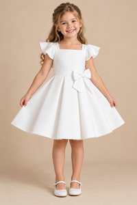 Girls White Scuba Flutter Sleeve Party Dress with Waist Bow & Pleated Skirt