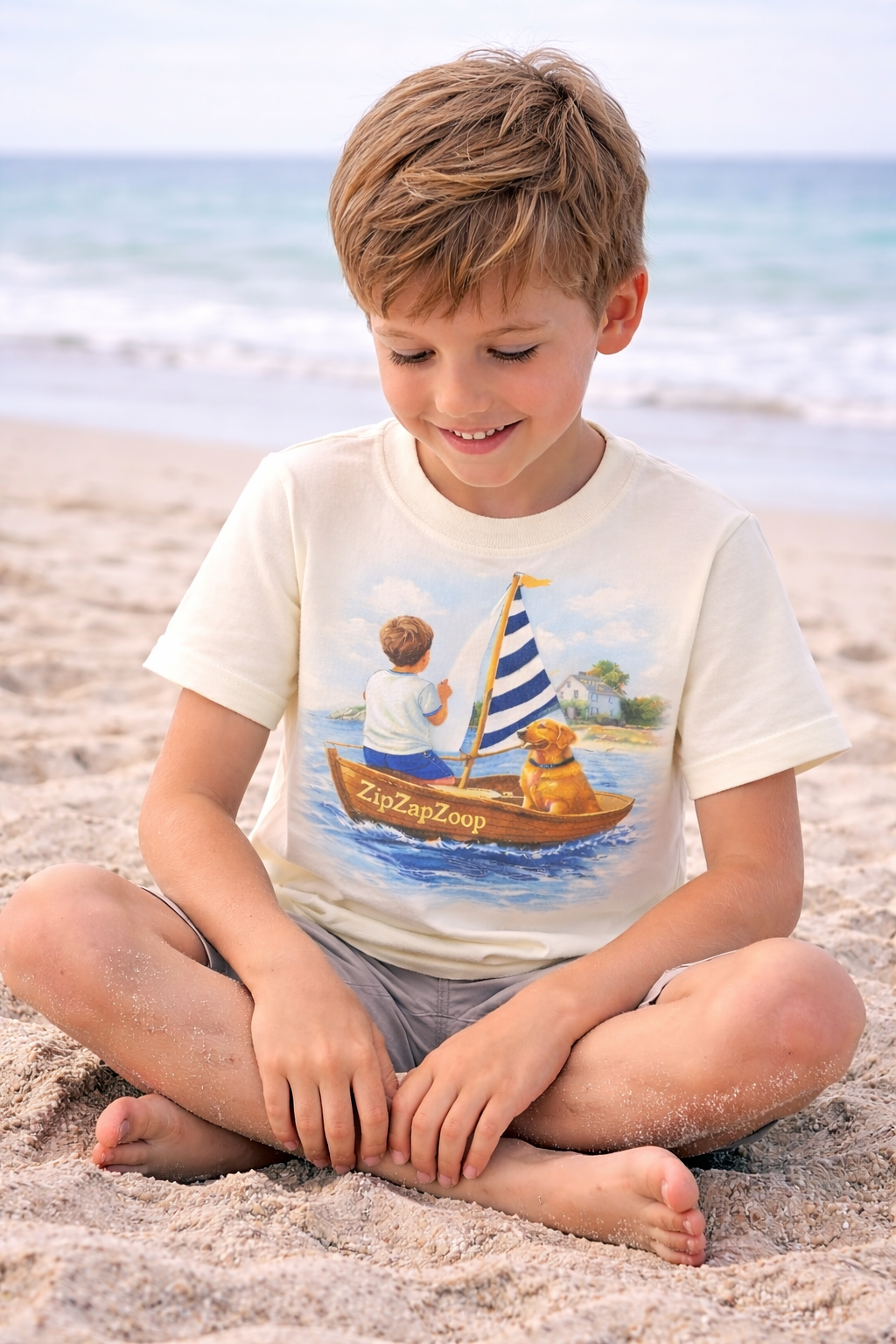 Kids White Graphic T-Shirt with Sailboat Boy & Dog Print