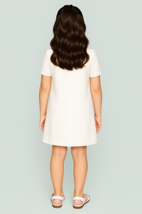 Girls Elegant Half Sleeves White Dress With Big Accent Flower