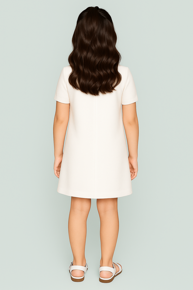 Girls Elegant Half Sleeves White Dress With Big Accent Flower