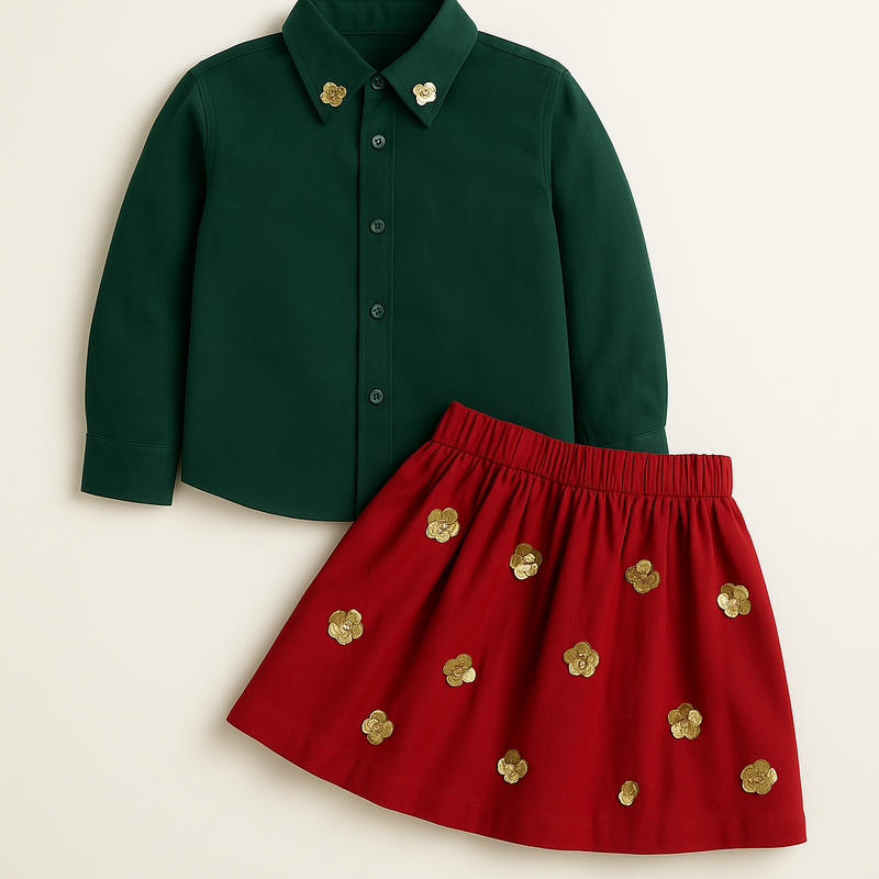 Sequin Flower Green Shirt With Red Sequin Flared Skirt