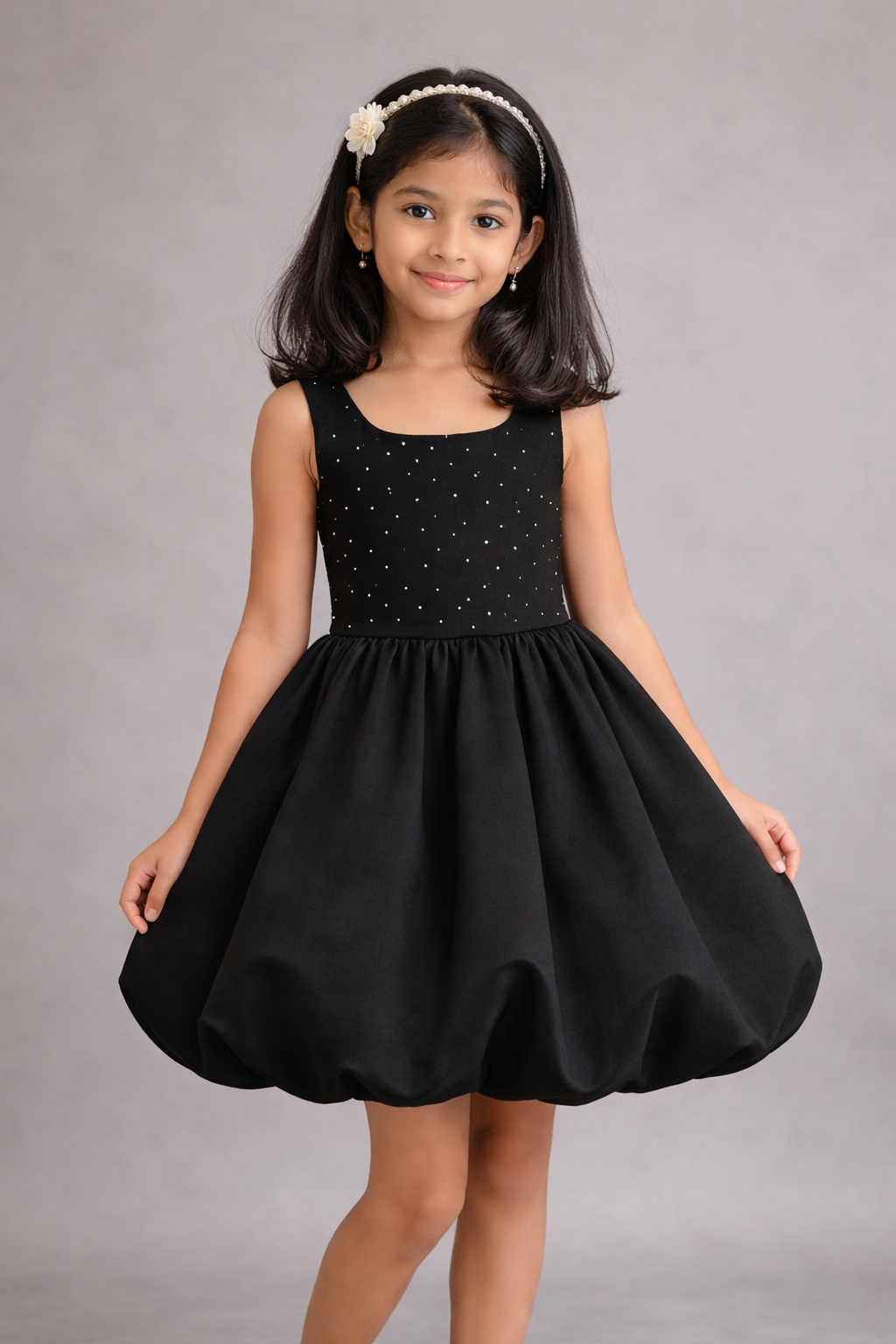 Kids Black Sleeveless Party Dress with Pearl Detail