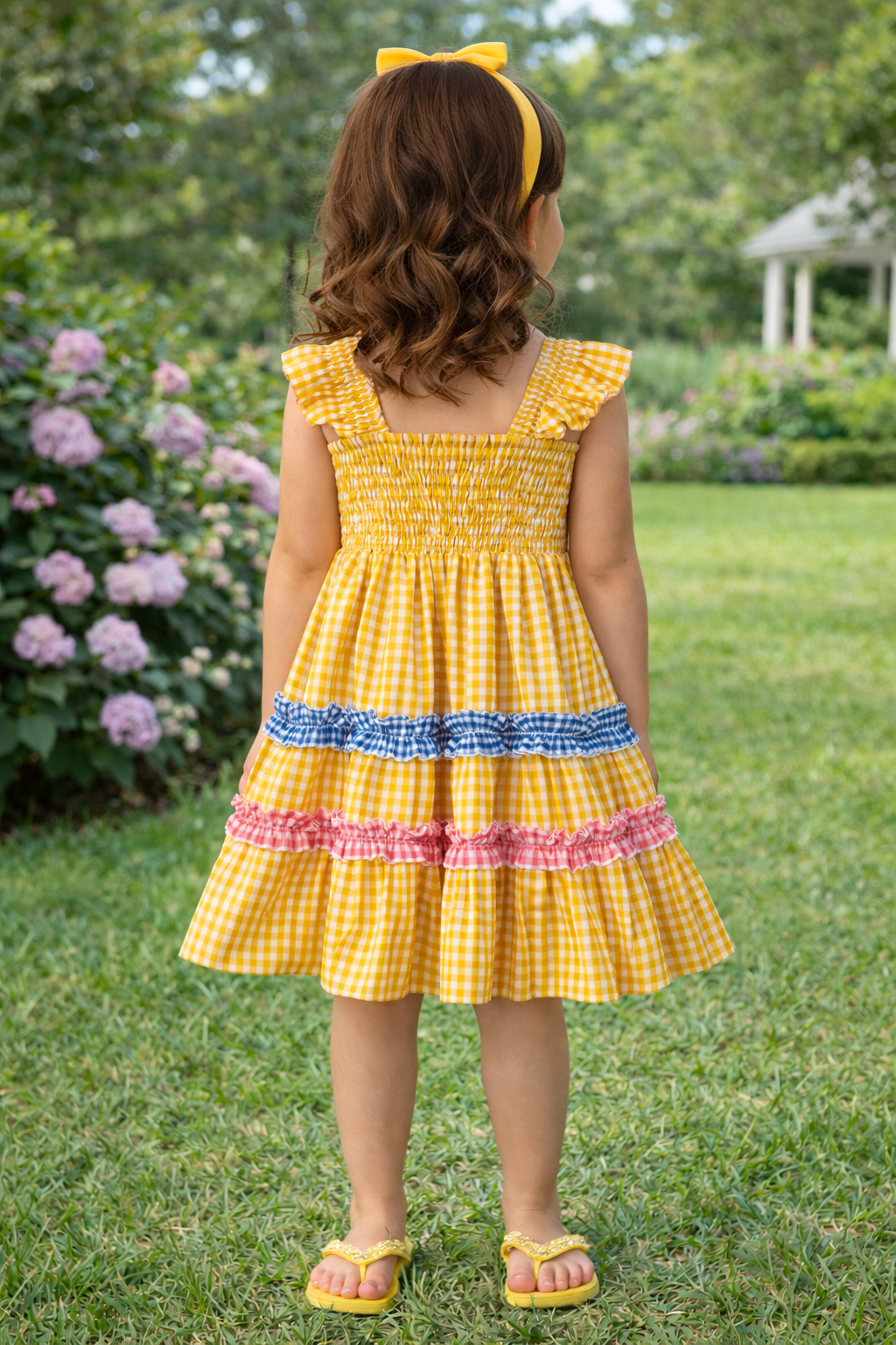YELLOW SMOCK DRESS WITH BLUE & PINK RUFFLE DRESS