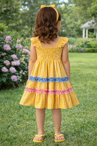 YELLOW SMOCK DRESS WITH BLUE & PINK RUFFLE DRESS