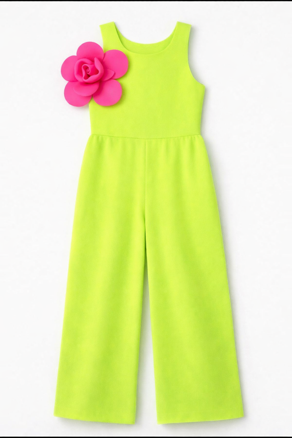 Neon Lime Statement Jumpsuit with Pink Flower Accent
