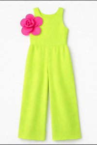 Neon Lime Statement Jumpsuit with Pink Flower Accent