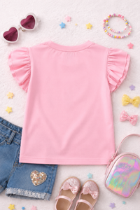 PINK ICE-CREAM POPSICLE EMBROIDERY T-SHIRT WITH FLUTTER SLEEVES FOR GIRLS