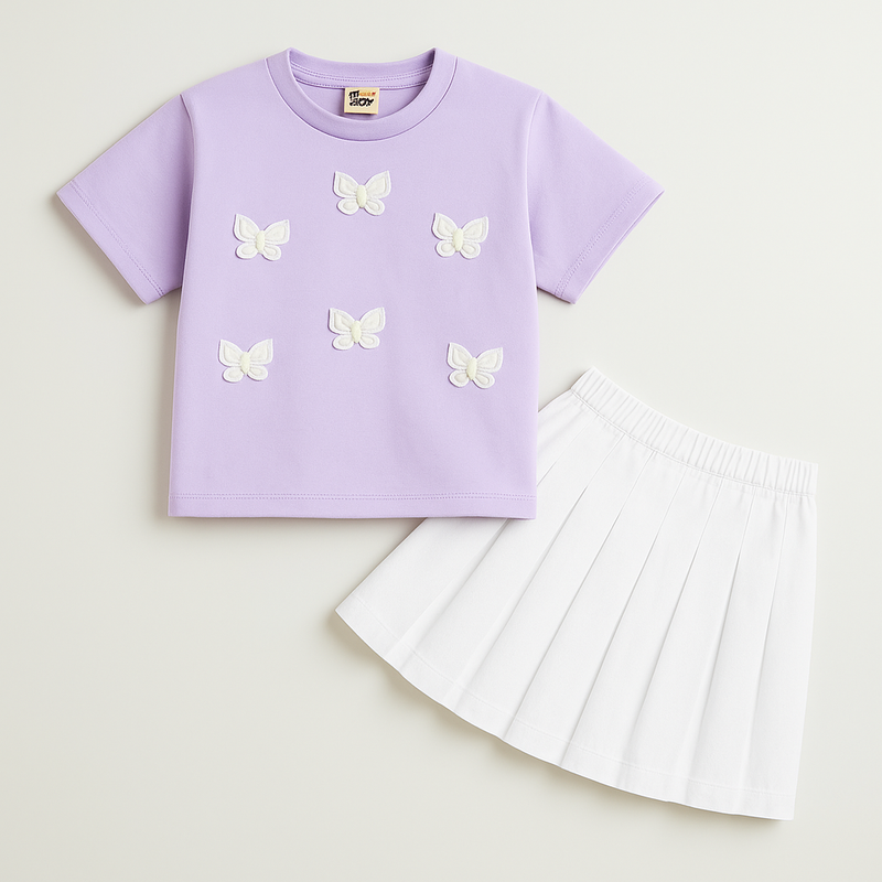 Butterfly Applique Purple T Shirt With White Pleated Skirt