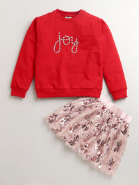 Hand Embroidery Red Sweatshirt Joy With Skirt