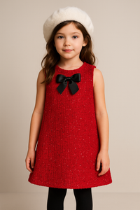 Girls Festive Red Tweed Sequin Dress with Black Bow Detail