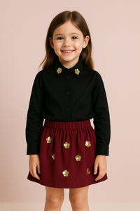 Sequin Flower Black Shirt with Maroon Sequin Flared Skirt