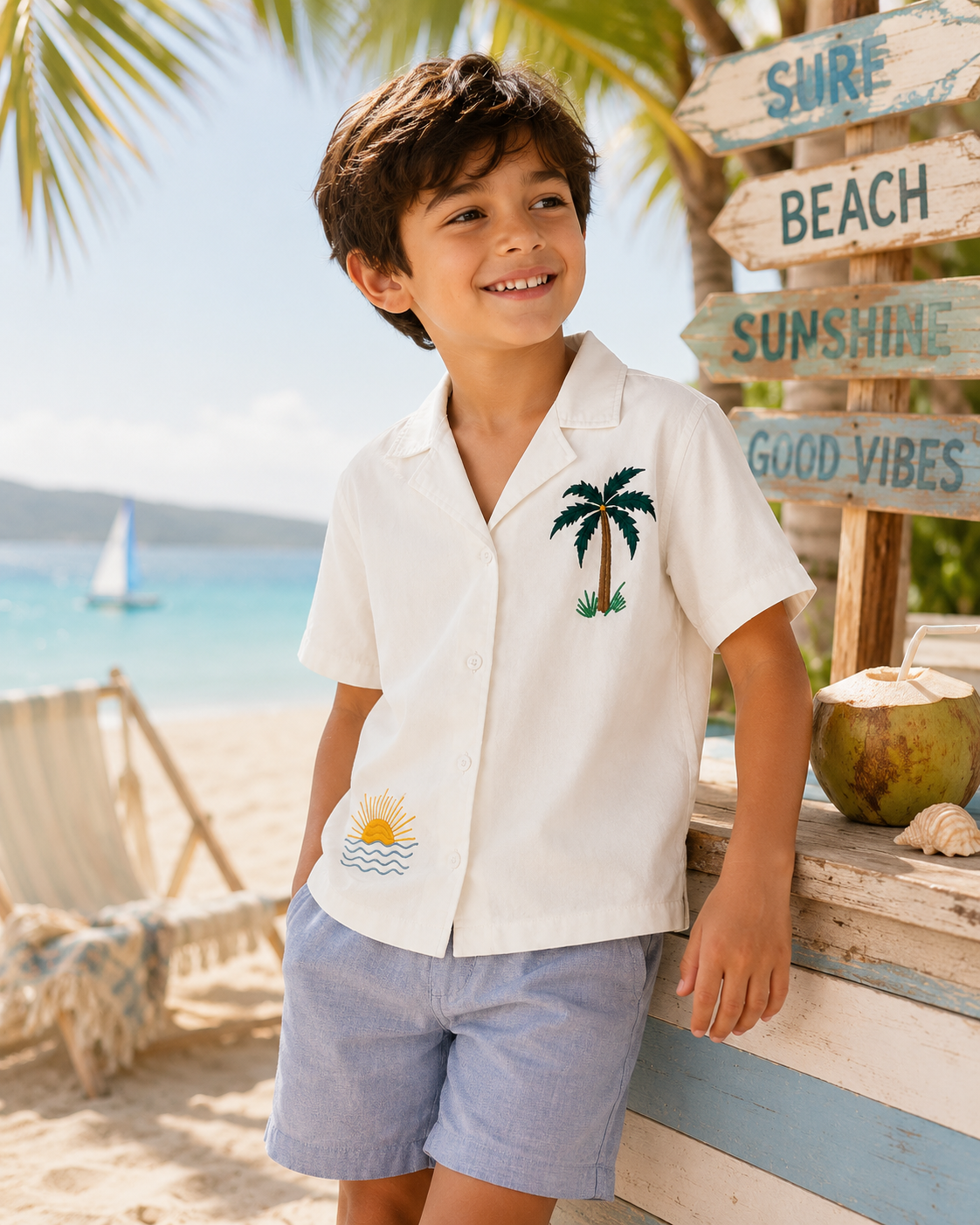 BOYS SEASIDE  SHIRT WITH PALM TREE AND SUN EMBROIDERY