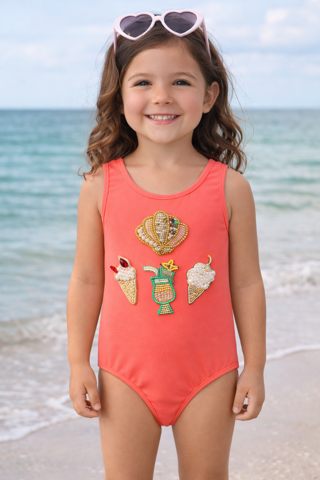 GIRLS CORAL PINK SWIMSUIT WITH SHELLFISH & ICE CREAM EMBROIDERY PATCHES