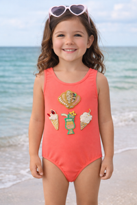 GIRLS CORAL PINK SWIMSUIT WITH SHELLFISH & ICE CREAM EMBROIDERY PATCHES