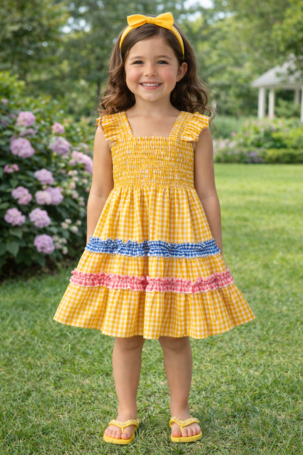 YELLOW SMOCK DRESS WITH BLUE & PINK RUFFLE DRESS