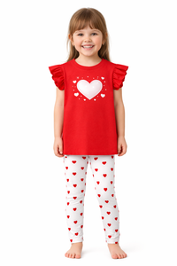 Girls Red Heart T-Shirt & White Heart Leggings Co-ord Set