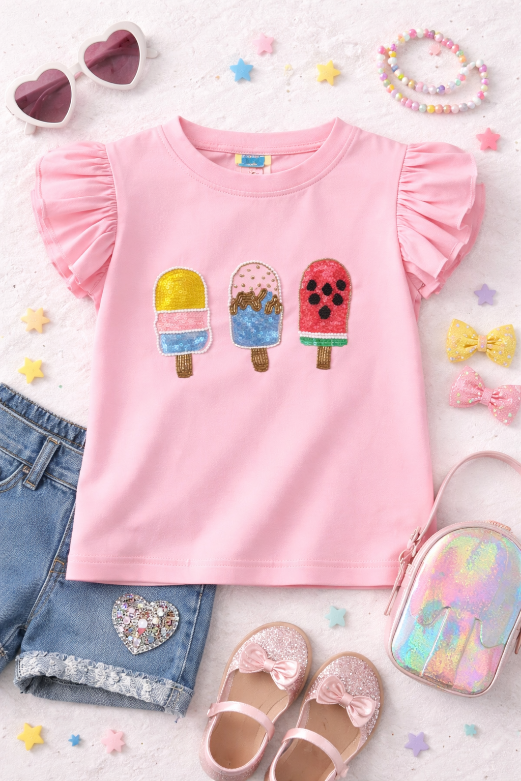 PINK ICE-CREAM POPSICLE EMBROIDERY T-SHIRT WITH FLUTTER SLEEVES FOR GIRLS