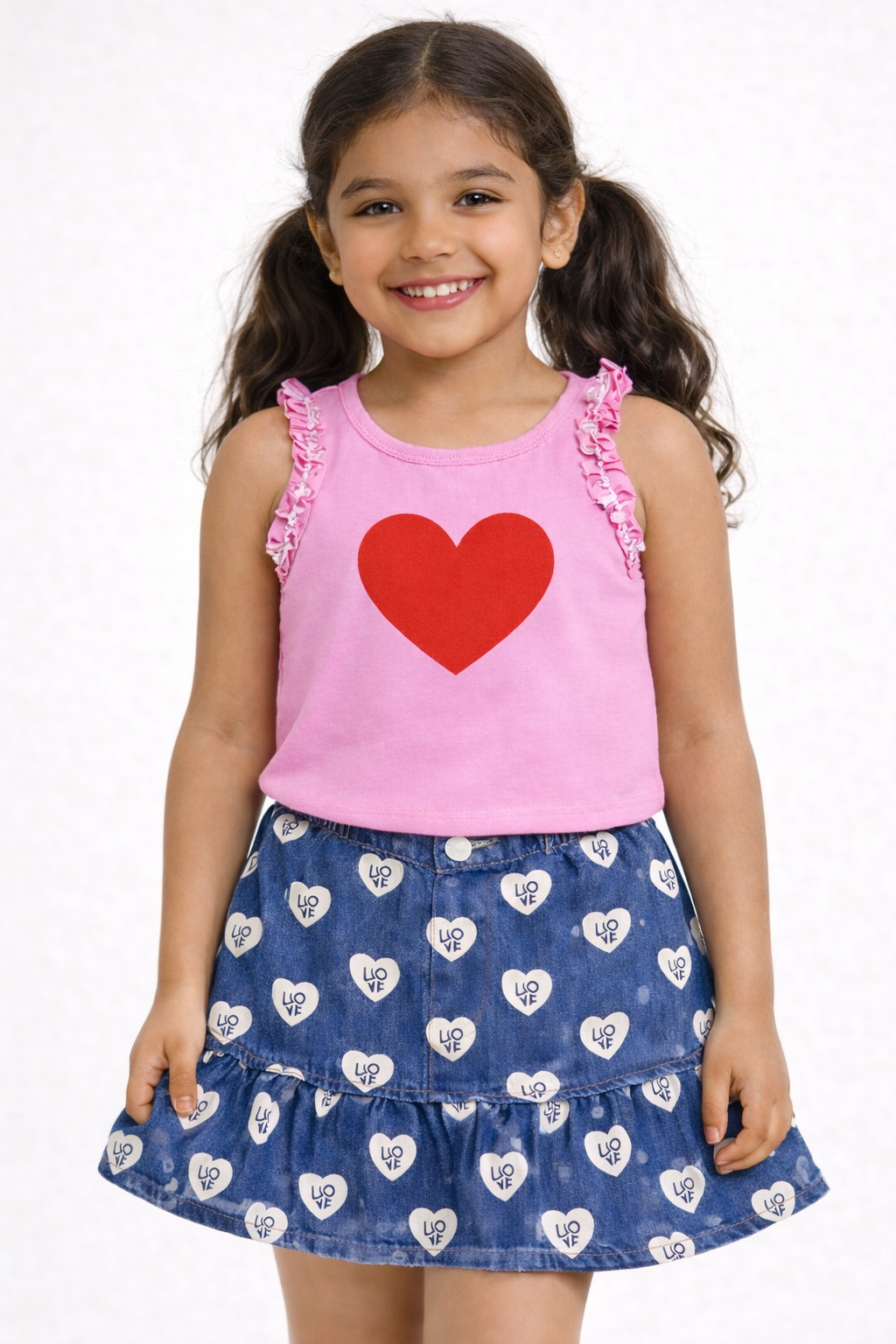Girls Pink Heart Top and Denim Skirt Set – Kids Casual Outfit Set Co-ord Set