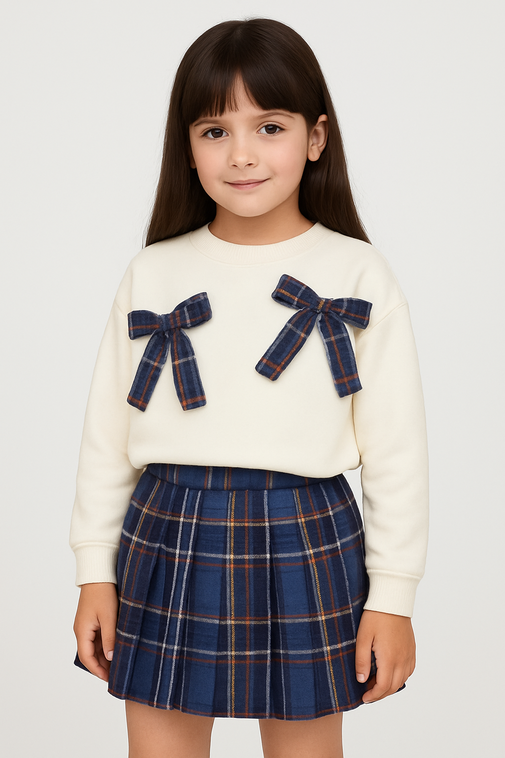 Girls Blue Checks Skirt With White Sweatshirt And Bows
